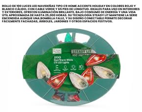 Caja De 100 Luces Led Navideñas C9 Rojas/Blanco Calido, 65 Largo, Cable Verde, Home Accents H...