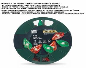 Caja De 100 Luces Led Grandes C9 Navideñas Verdes-Rojas, 65 Largo, Cable Verde, Home Accent.