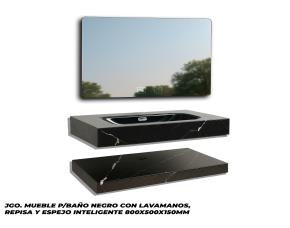 Jgo. Mueble P/Baño Negro Con Lavamanos, Repisa Y Espejo Inteligente 800X500X150Mm
