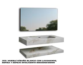 Jgo. Mueble P/Baño Blanco Con Lavamanos, Repisa Y Espejo Inteligente 600X500X150Mm