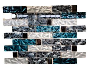 Pliego De  Mosaico De  Vidrio Azul/Blanco/Negro Con Flores 30X30.4Cm