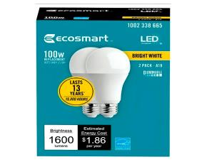 Paq. De 2 Bombillos Led 100W, Regulable A19, 1600Lumens, Bright White, Ecosmart