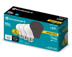 Paq. De 4 Bombillos Led A19, 60W, 120V, 800Lumens, 3000K, Bright White, Ecosmart.