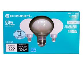 Paq. 3 Bombillos Globo Led 6W=60W G16.5 Opaco Regulable, E26, Daylight, 500Lums, 5000K, Ecosma...