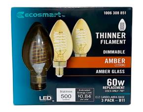 Paq. 3 Bombillos Led Tipo Torpedo 7W=60W 2200K, E12 C/Filamente Amber, Dimeable, 500Lums, Ecos...