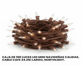 Caja De 100 Luces Led Mini Navideñas Calidas, Cable Cafe 34.25′ Largo, Northlight.